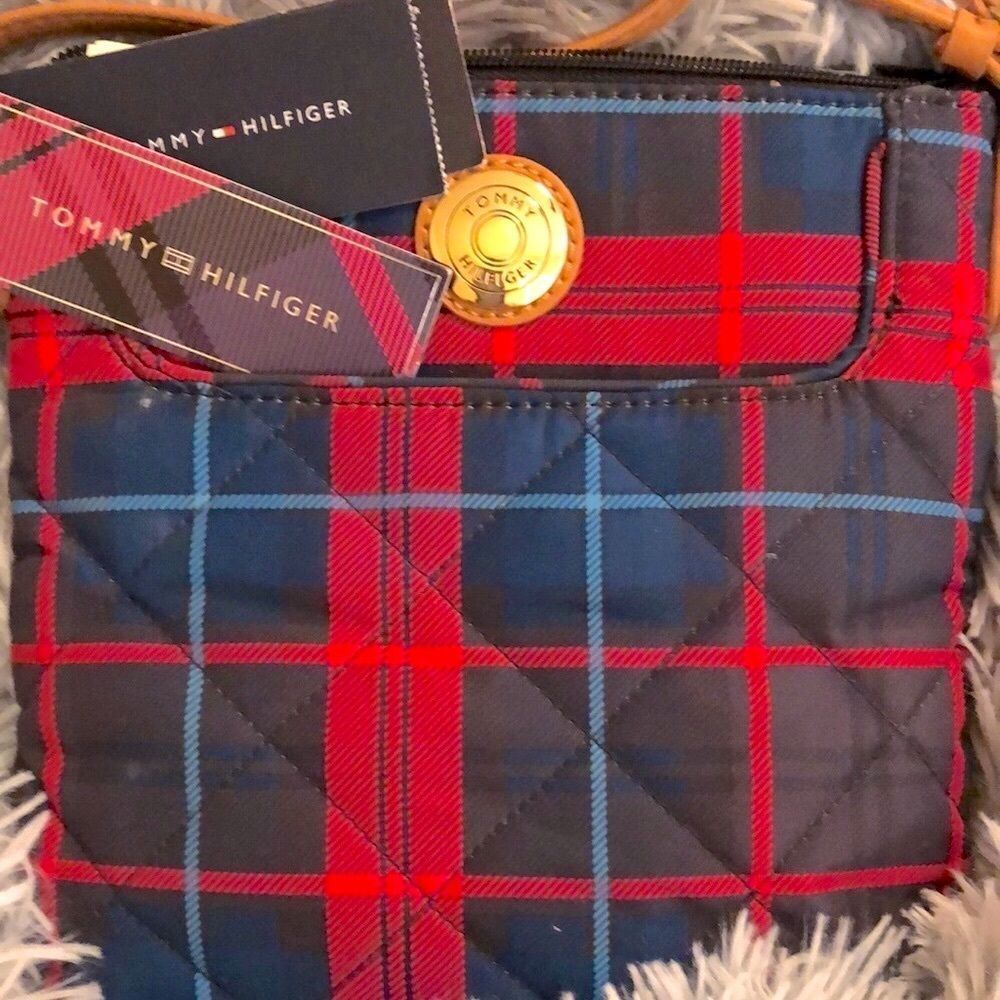 NWTS Preppy Designer TOMMY HILFIGER Plaid Pink and Blue XBody/Side Satchel/Purse